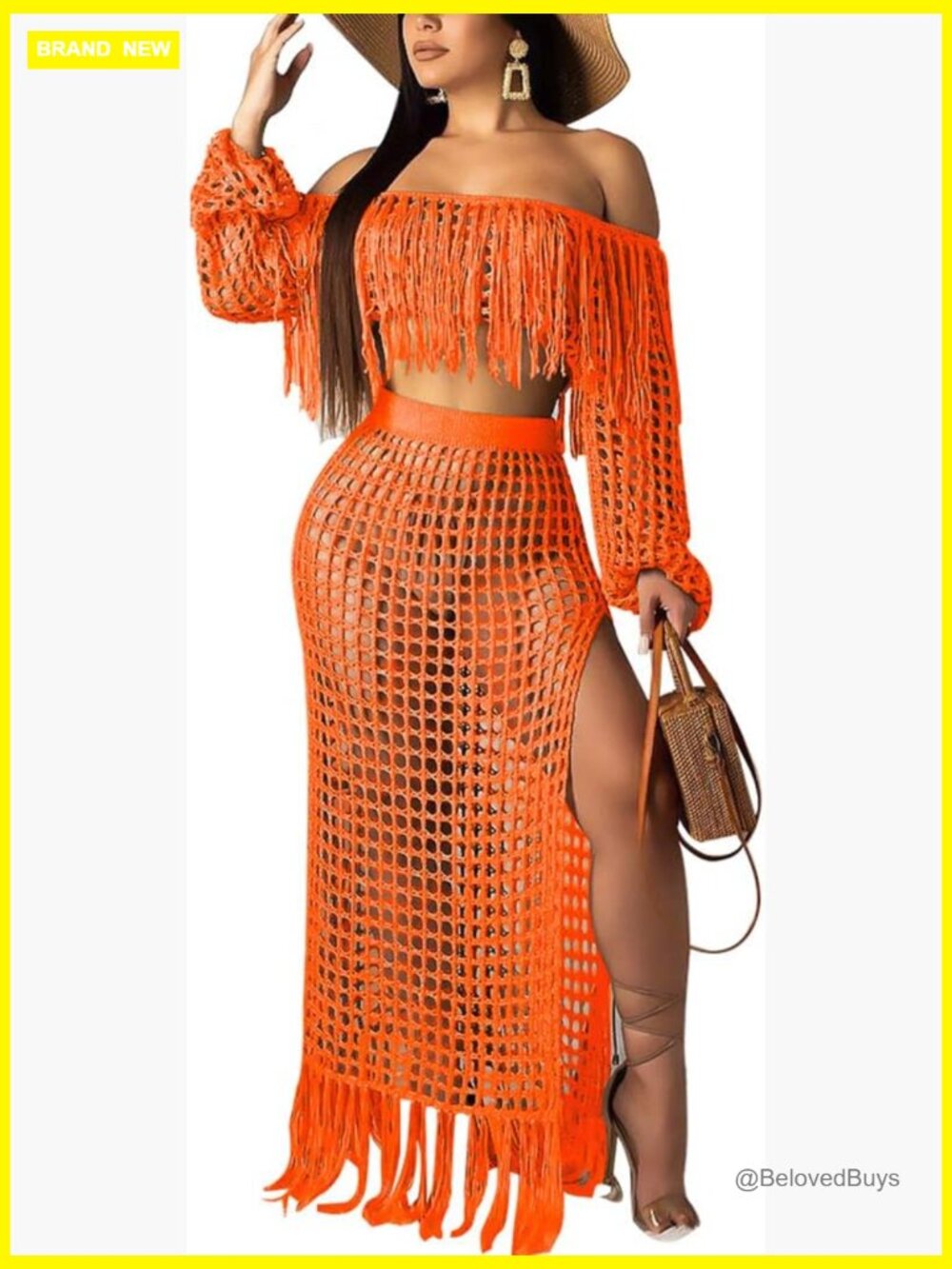 Sexy Two Piece Skirt Set - Tassel Hollow Out Off Shoulder High Split Cover Up